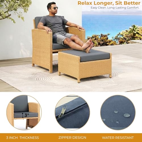 Image of DEVOKO Valencia Outdoor 5 Piece All Weather Rattan Wicker Patio Sofa Set with Water Resistant Cushioned Chairs with Glass Top Table & Ottomans for Garden, Pool, Porch, Backyard (Beige & Grey)