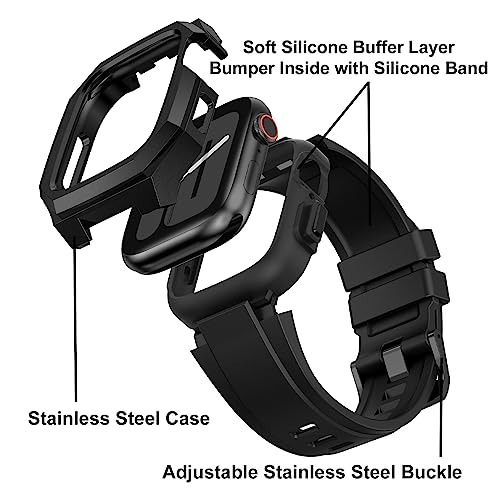 Image of Luxury Metal Case with Band Compatible for Apple Watch 44mm 45mm 46mm 49mm,Men Rugged Protective Bumper Cover with Soft Silicone Strap for iWatch Series 11 /10 /9 /8 /7 /6 /SE3 /SE2 /SE /5 /4 and Ultra 3 /2 /1 49mm