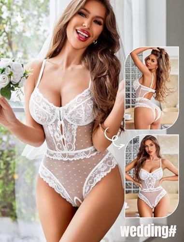 Image of Avidlove Women Sexy Lingerie Sheer Lace Bodysuit V Neck Teddy Lingerie One Piece Mini Babydoll