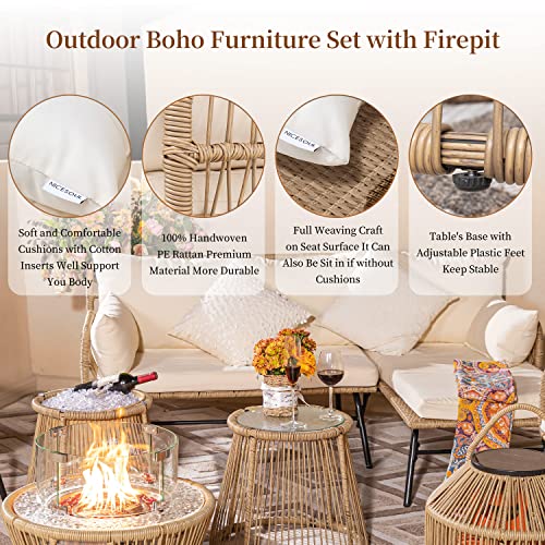 Nicesoul® Natural Color Bohemian Outdoor Patio Furniture Lounge Set With Round Fire Pit Table Handwoven Pe Wicker Conversation Sectional Sofa Chair Sets With Ice Bucket Table For Garden Balcony Deck #TOP2