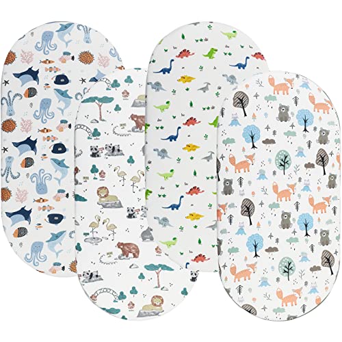 Bassinet Fitted Sheets 4 Pack For Baby Boy, Stretchy Breathable Knitted Sheet Flexible For Oval Rectangle Hourglass And Bassinet Mattress, Undersea Animal, Lion Bear Fox And Dinosaur Printing #TOP4