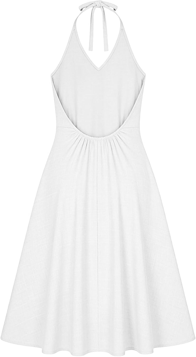 Cotton Linen Midi Dress for Women Backless Deep V Neck Halter Dresses Loose Fit Flowy Summer Casual Dress