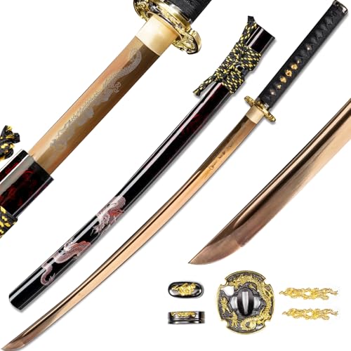 OYZ Handmade Japanese Katana Golden Dragon Sword Titanium Electroplat Spring Steel Full Tang Blade Sword,9260 Steel Shinogi Zukuri Katana. are a Unique Gift for Men.