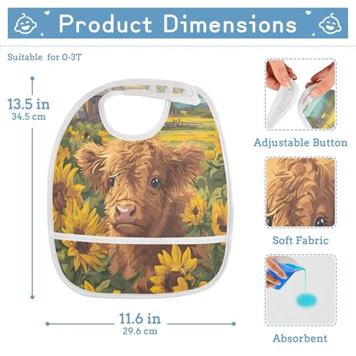 MCHIVER Yellow Sunflowers Cow Baby Bibs for Boys Girls Toddlers Waterproof Feeding Bib Apron with Food Cather Adjustable Cotton Food Eating Bib 2 Pack2