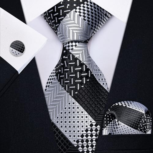 Image of YourTies Striped Plaid Ties for Men Silk Formal Necktie Set | 3.15 inch(8cm) Woven Jacquard Mens Ties with Necktie Pocket Square Cufflink Tie Clip Lapel Pin for Wedding Business Party