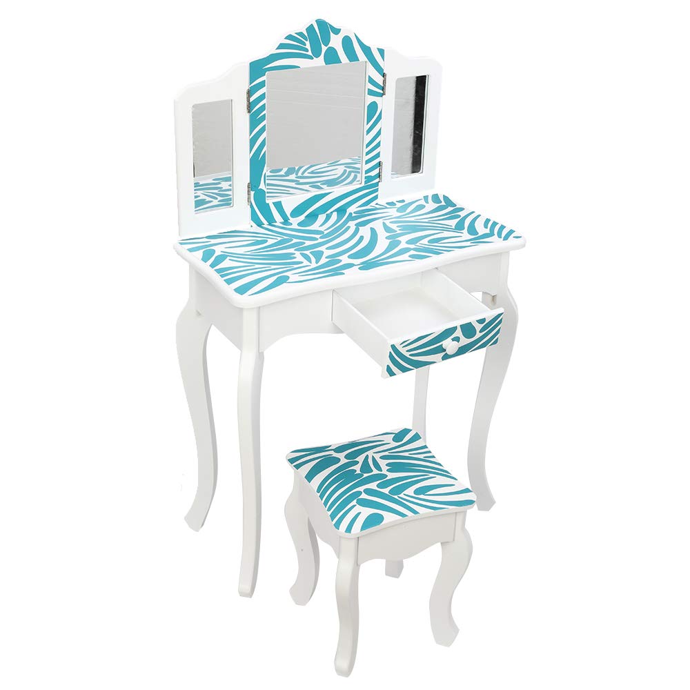 Vanity Set,ShyneeMakeup Dressing Vanity Set Wooden Princess Makeup Table with Cushioned Stool,Drawer,Wooden Legs and Mirror, Make Up Dressing Play Set for Girls (Blue)