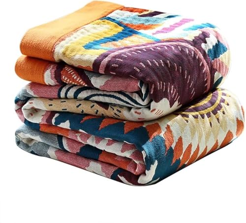 Boho Throw Blanket for Bed 100% Cotton Bohemian Blankets Ultra Soft Woven Muslin Decorative Blankets All Seasons Vintage Quilt Knitted Blanket for Sofa Chair (Colorful 50x60)