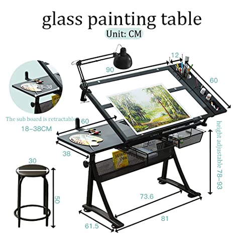 JYETAXDISS Drawing Desk Drafting Tables Adjustable Drafting Table, Tempered Glass Drafting Table Art Desk, Adjustable Height Tilting Artwork Drawing Drafting Table