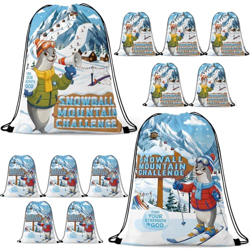 Hsei 12 Pcs 2026 Vbs Nonwoven Drawstring Bags Bulk 13.4 x 18.7 Inches Snowball Mountain Theme Decoration Waterproof Vacation Bible School Backpack Gift Christian Gift Bags for Church Religious Events