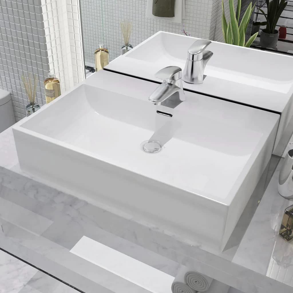 vidaXL Lavabo Rectangular con Agujero de Grifo Cerámica Blanco Lavamanos Aseo