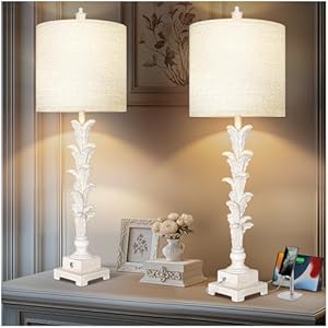 Vintage Table Lamps Set of 2, 3-Way Dimmable Touch Buffet Lamps with 2 USB Ports, 33” Bedside Nightstand Lamps with Linen Shades, Rustic Farmhouse Table Lamps for Living Room Bedroom, Washed White