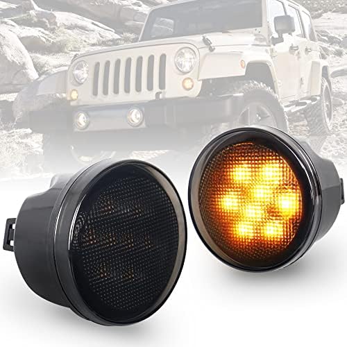 PXPART JK Turn Signal Lights Smoke Lens Amber LED Front Grill Indicator Parking Lights for Jeep Wrangler JK JKU 2007-2017