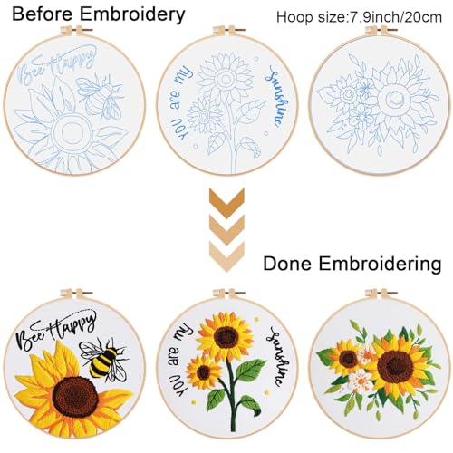 Image of Louise Maelys 3 Sets Sunflowers Embroidery Kit for Beginners,Cross Stitch Kits for Adults with Summer Flowers Bee Stamped Pattern,Starters Needlepoint with Embroidery Instruction