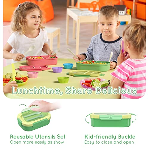 Image of Bento Lunch Box Leakproof 44oz Kids Lunch Box Containers with 4 Compartment, Bento-Style Lunch Bento Box with Cutlery, Reusable Kid Back to School Meal /Snack Packing BPA Free (Green)