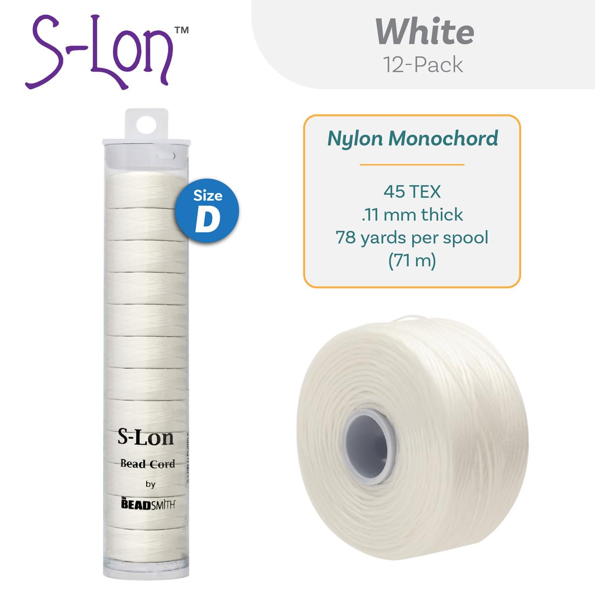 Filo in nylon Beadsmith Superlon (S-Lon Tex45 D), misura 70 m, colore: bianco