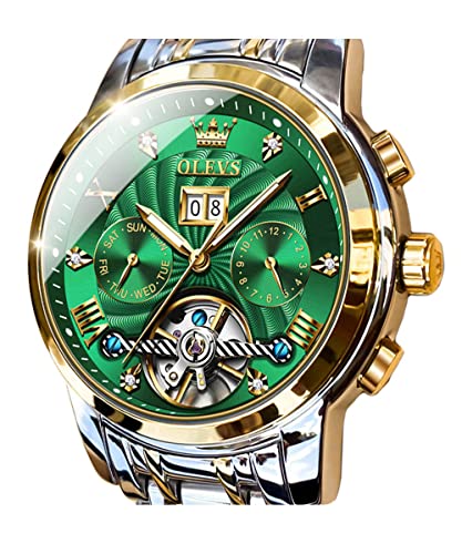 Image of OLEVS Men Automatic Watch Skeleton 5 Hands Mechanical Classic Luxury Multi Calendar Stainless Steel Waterproof Wrist Watch for Men