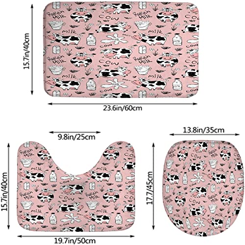 Badezimmerteppich-Set, 3-teilig, Cartoon-Kuhmilch-Rosa, lustige Tiere, waschbare Badteppiche, rutschfest, mit Rückenpolster, Konturteppich und Toilettendeckelbezug – Bild 3