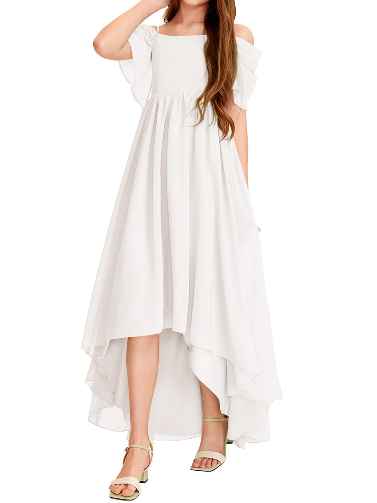 Haloumoning Robe asymétrique en mousseline de soie à épaules dénudées pour fille - Pour demoiselle d'honneur, fête d'anniversaire