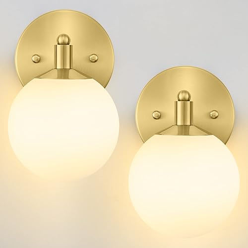 Porphyions Juego de dos apliques de pared de mediados de siglo aplique de baño de latón luz de tocador moderna luz de globo de pared dorada cepillada