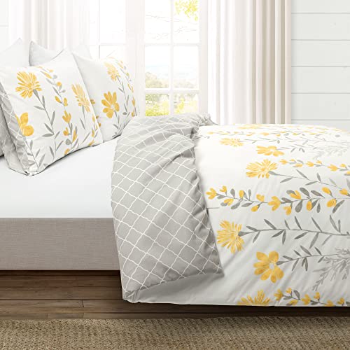 Image of Lush Decor Aprile Reversible Soft Cotton Duvet Cover, 3 Piece Set, Full / Queen, Yellow & Gray - Duvet Covers - Floral Bedding Set - Queen Duvet Cover