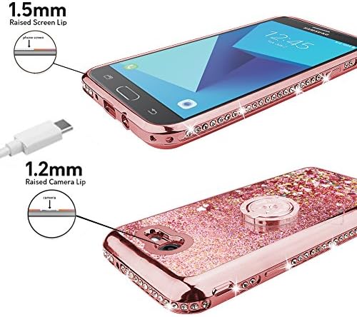 Silverback Galaxy J7 Perx Case,Galaxy J7 V/J7 Sky Pro/Halo Case, Girls Moving Liquid Holographic Sparkle Glitter Case with Ring, Bling Diamond Rhinestone Case for Samsung Galaxy J7V 2017 -RD W