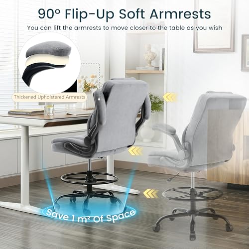 Image of Drafting Chair 500Lbs, Tall Office Chair for Standing Desk, Fabric Executive Office Chair with Flip-up Armrests, Ergonomic High Chair with Adjustable Foot Ring, Comfy Stool Chairs, Grey