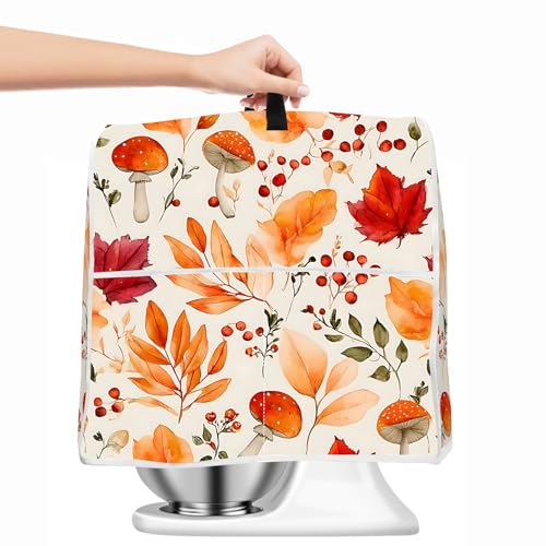 Image of Kitchen Dust Cover Compatible with 4.5 5 6 8 quart Stand Mixer, Kitchen Appliance Protective Covers with Top Handle and Pocket (Leaf Mushrooms, For All 6-8 qt Mixer)