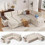 Vipbear 112' Modular Sectional Sleeper Sofa with Pull Out Bed, Modern 7 Seat L Shaped Couch with Reclining Backrest/LiftTop Storage Chaise Armrests/USB/LED Light/Tool-Free Assembly, Chenille Beige