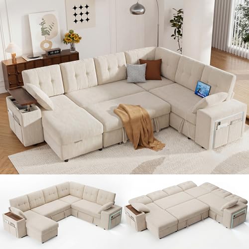 Vipbear 112" Modular Sectional Sleeper Sofa with Pull Out Bed, Modern 7 Seat L Shaped Couch with Reclining Backrest/LiftTop Storage Chaise Armrests/USB/LED Light/Tool-Free Assembly, Chenille Beige