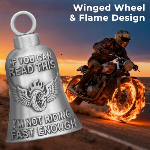 Image of Motorcycle Bell Guardian Angel Winged Wheel Biker Bell with Motorcycle Gremlin Bell Hanger, 2 Key Chain Ring, Velvet Bag