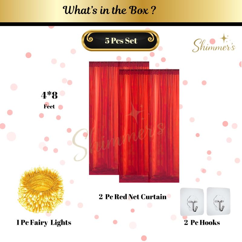 Image of Shimmers 5 Pc Decoration Kit with 2 Red Net Curtains (4x8 FT), Fairy String, 2 Hooks for Ganpati Decor Backdrop, Photo Booth & Home Decoration Setup