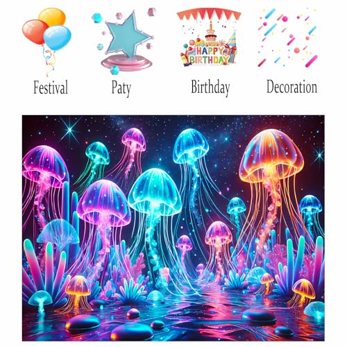 Image of Nuxovilar UV Glowing Jellyfish Wall Tapestry Polyester 78.74x59.05 In | Glow Poster Trippy Wall Art Marine Decor UV Backdrop Living Room Bedroom Lounge Space Room (Jellyfish Ocean)
