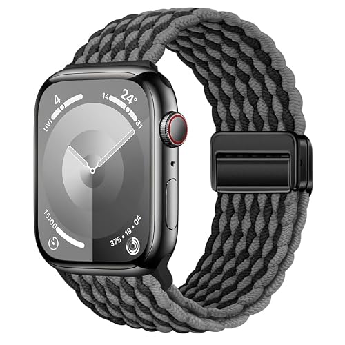 Compatible with Fabric Apple Watch Strap 49mm 46mm 45mm 44mm, Elasticated Magnetic Nylon Strap Band for IWatch Series 10/9/8/7/6/5/4/SE/SE 2/Ultra 3/2 Men Black Grey