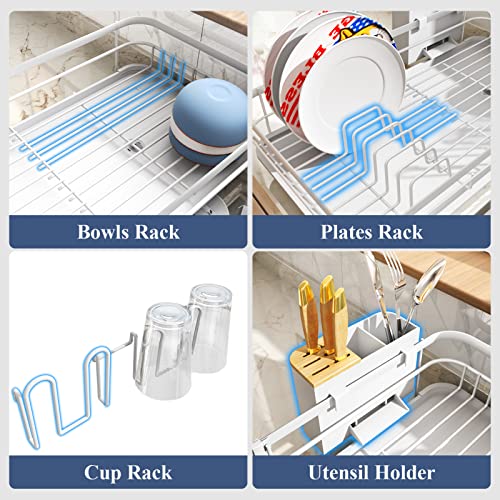 Dish Drying Rack, Expandable(12.8"-21.5") Dish Racks For Kitchen Counter, Large Dish Rack With Drainboard, Dish Drainer Organizer With Utensil Holder, Cup Rack (White) #TOP3