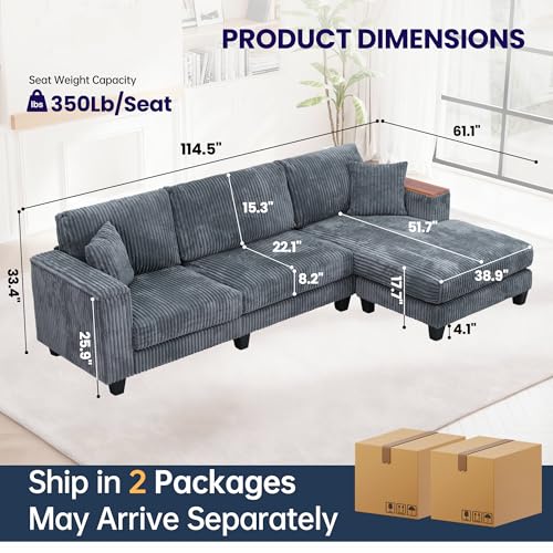 Image of 114.5 inch Corduroy Sectional Sofa with Armrest Storage & Reversible Chaise, Comfy L Shaped Sofa 4 Seat Sectional Couch, Modern Upholstery Couch with Removable Covers, for Living Room, Apartment, Gray