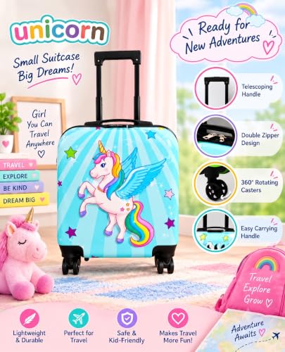 Image of Kids Carry On Luggage with Wheels,18-inch Hard Shell Suitcase Lightweight Toddler Rolling Trolly with Retractable Handle,Durable Hardside Spinner Trolly for Airplane Travel (Blue Unicorn)