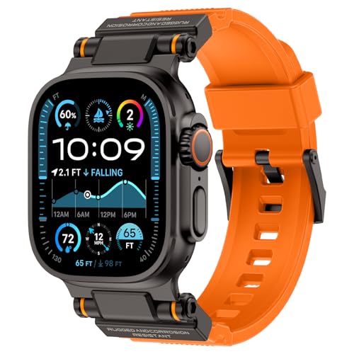 Image of FOAMUNOC Rugged Band Compatible with Apple Watch Ultra 3 /2 /1 Band 49mm /46mm /45mm /44mm /42mm, Metal Connector with Silicone Strap for iWatch Ultra Series 11 /10 /9 /8 /7 /6 /SE3 /SE2 /SE /5 /4 /3 /2 /1, Orange /Black