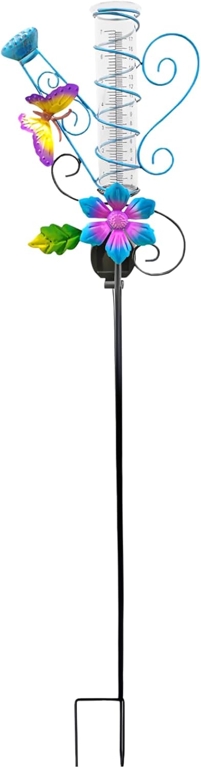 Outdoor Garden Stake Rain Gauge, 37 in Tall Watering Can with Metal Butterfly, Solar Lawn Lamp, Accurate Rainfall Measurement