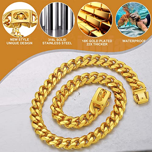 Image of Dog Chain Collars Cuban Link Dog Collar 12mm with Secure Snap, Bell & Dog Tag Stainless Steel Metal 18K Gold Chain Dog Collar for Puppy Small Medium Large Dogs (26 inch)