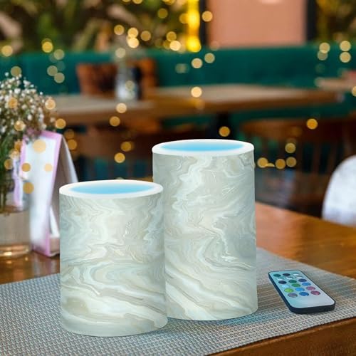 Image of Flickering Flameless Candles, Gold Tile Marble LED Candles with Remote Timer, Set of 2 Battery Operated Candle for Valentine Wedding Birthday