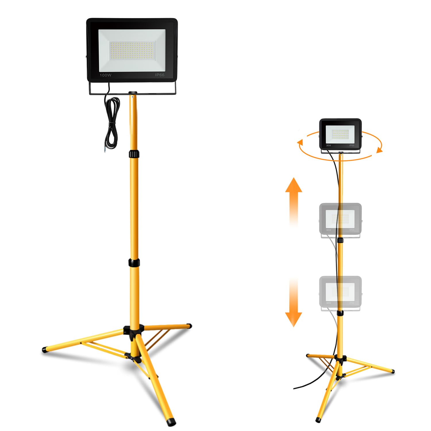 LED Baustrahler mit Stativ, 100W 8500LM LED Strahler 6000K Kaltweiß Baustellenleuchte mit 1m Kabel, HöHenverstellbar 360 Grad Drehbar, IP66 Wasserdicht fü Innen-Außen(kein Stecker)