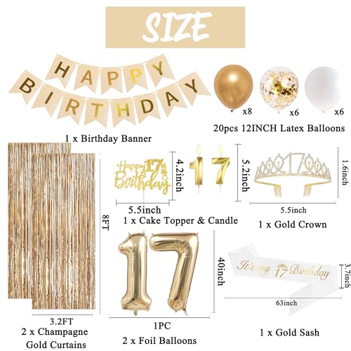 Image of Trgowaul 17th Birthday Decorations for Girls, Happy Birthday Banner, Sash and Crown, 17 Number Balloon, Fringe Curtains, Champagne Gold 17-Year-Old Old Party Supplies
