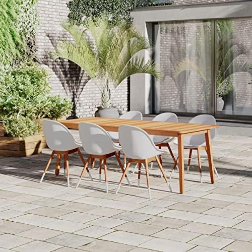 Brampton 7 Piece Outdoor Eucalyptus Rectangular Dining Set | Perfect for Patio | with White Chairs