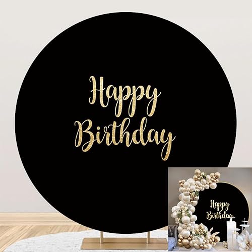 Miniatura 1 de Cubierta de fondo redonda de feliz cumpleaños de 7.5 x 7.5 pies, color negro sólido, palabras doradas, fondo de fotografía para adultos, hombres y