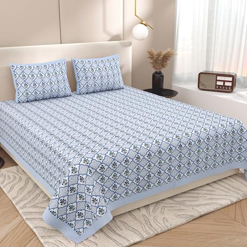 Image of Urban Jaipur 100% Cotton Bedsheet for Double Bed (90 x 108 Inches) | 210 TC King Size Bed Sheet for Double Bed with 2 Pillow Covers | Pure Cotton Jaipuri Bedsheet- Blue