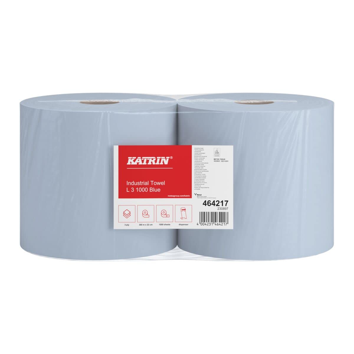 Putztuchrolle Katrin L3 blau, 3-lagig, 22x38 cm, perforiert, 1000 Abrisse, 2 Rollen im Folienpack #464217