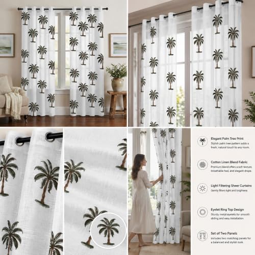Image of LINENWALAS Cotton Linen Printed Sheer Curtain Set of 2 Panels with Eyelet Hanging, Palm Tree Printed Window Curtains Non Blackout Light Filtering Curtains (5 Feet, White Palm Tree)
