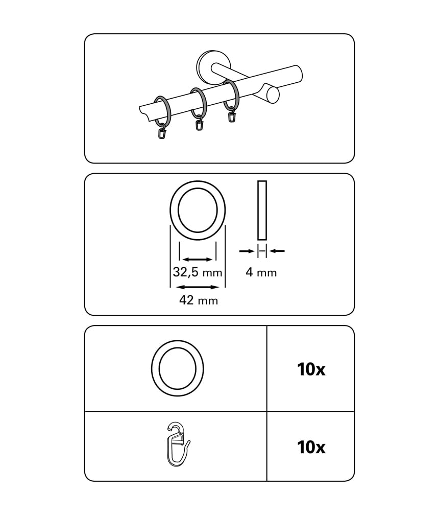 GARDINIA Curtain Rings with Sliding Insert and Curtain Hooks, Metal, for Diameter 25 mm, Matte Black, Pack of 10 - Image 2