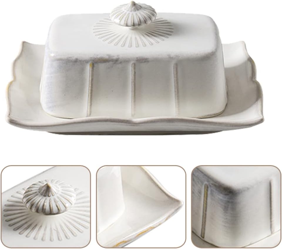 Hemoton Ceramic Butter Dish with Lid 7.59X5.59X3.54 Inch Covered Butter Box for Kitchen Food Serving Cheese Pastry Storage Perfect for Family Gatherings and Parties