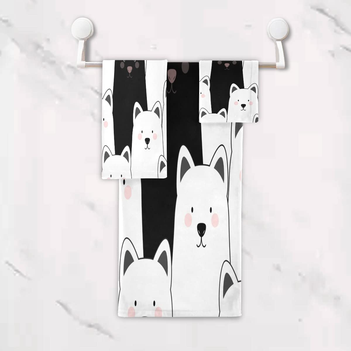 Vnurnrn Negro Blanco Gatito Perro Cat Juego de Toallas para Baño Playa Toalla (1 Toalla de Baño y 1 Toalla de Mano y 1 Paño de Lavado) para Nadar Niñas Niños